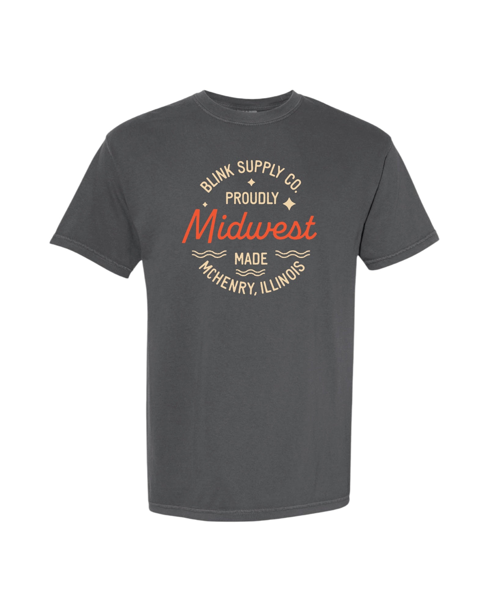 Blink Supply Co. grey cotton t-shirt with 'Proudly Midwest Made McHenry, Illinois' graphic print in orange and cream.