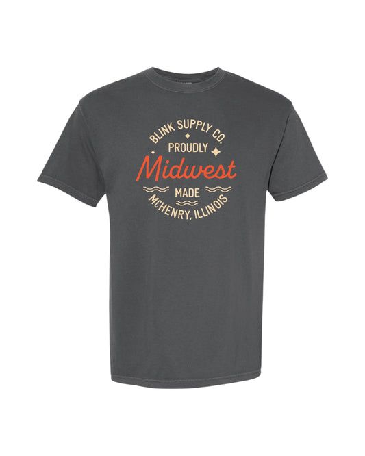 Blink Supply Co. grey cotton t-shirt with 'Proudly Midwest Made McHenry, Illinois' graphic print in orange and cream.