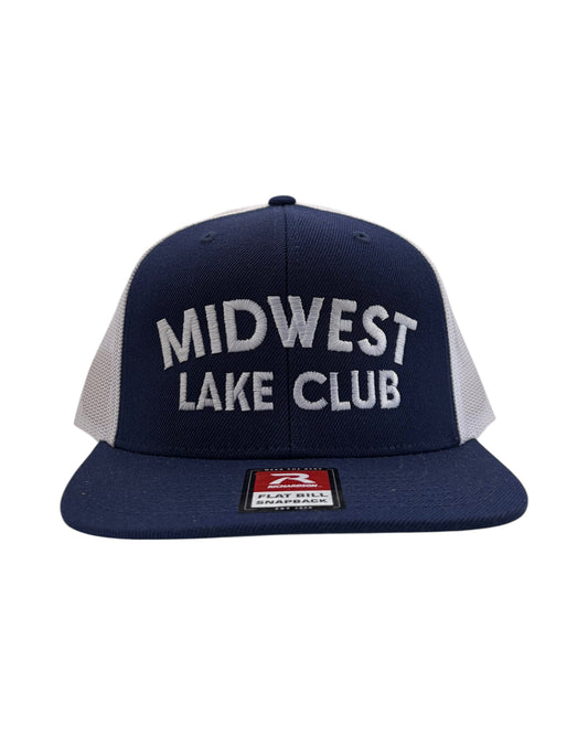 Blink Supply Co navy blue flat bill trucker cap with white embroidered text "MIDWEST LAKE CLUB" and white mesh back.