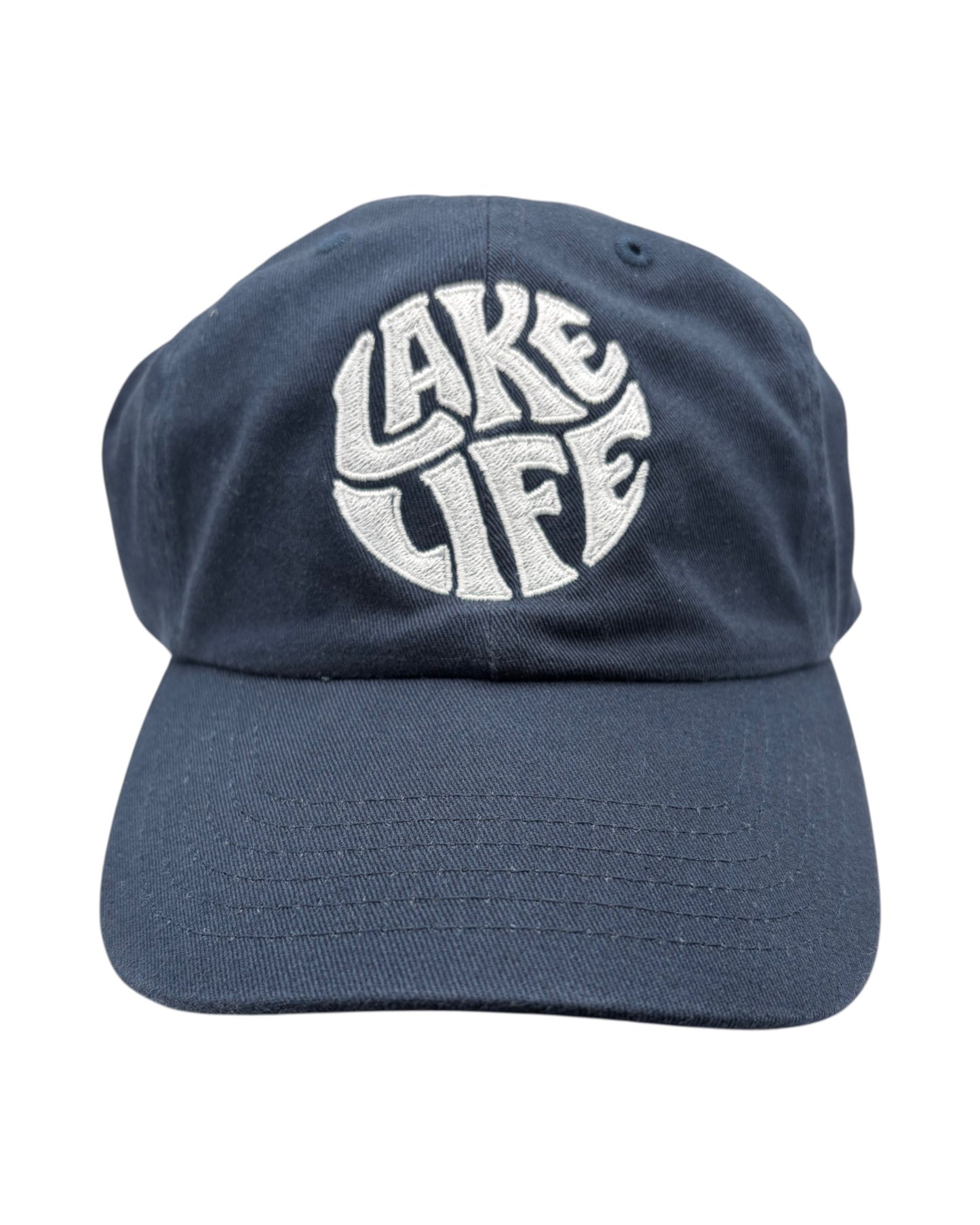 Blink Supply Co navy blue unstructured dad hat with white Lake Life circular embroidery on the front