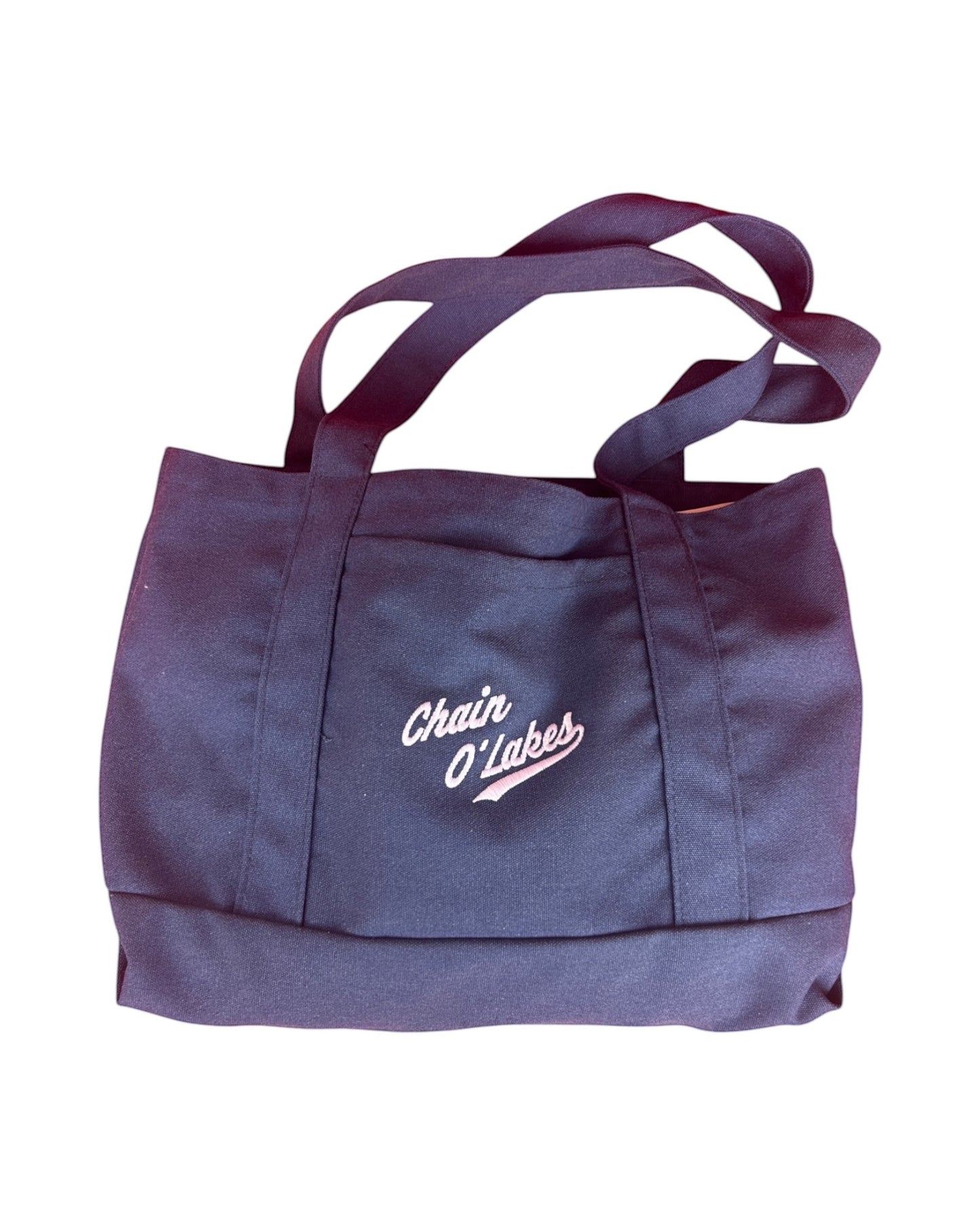 Blink Supply Co navy canvas tote bag with Chain O' Lakes embroidery, perfect for lake activities.