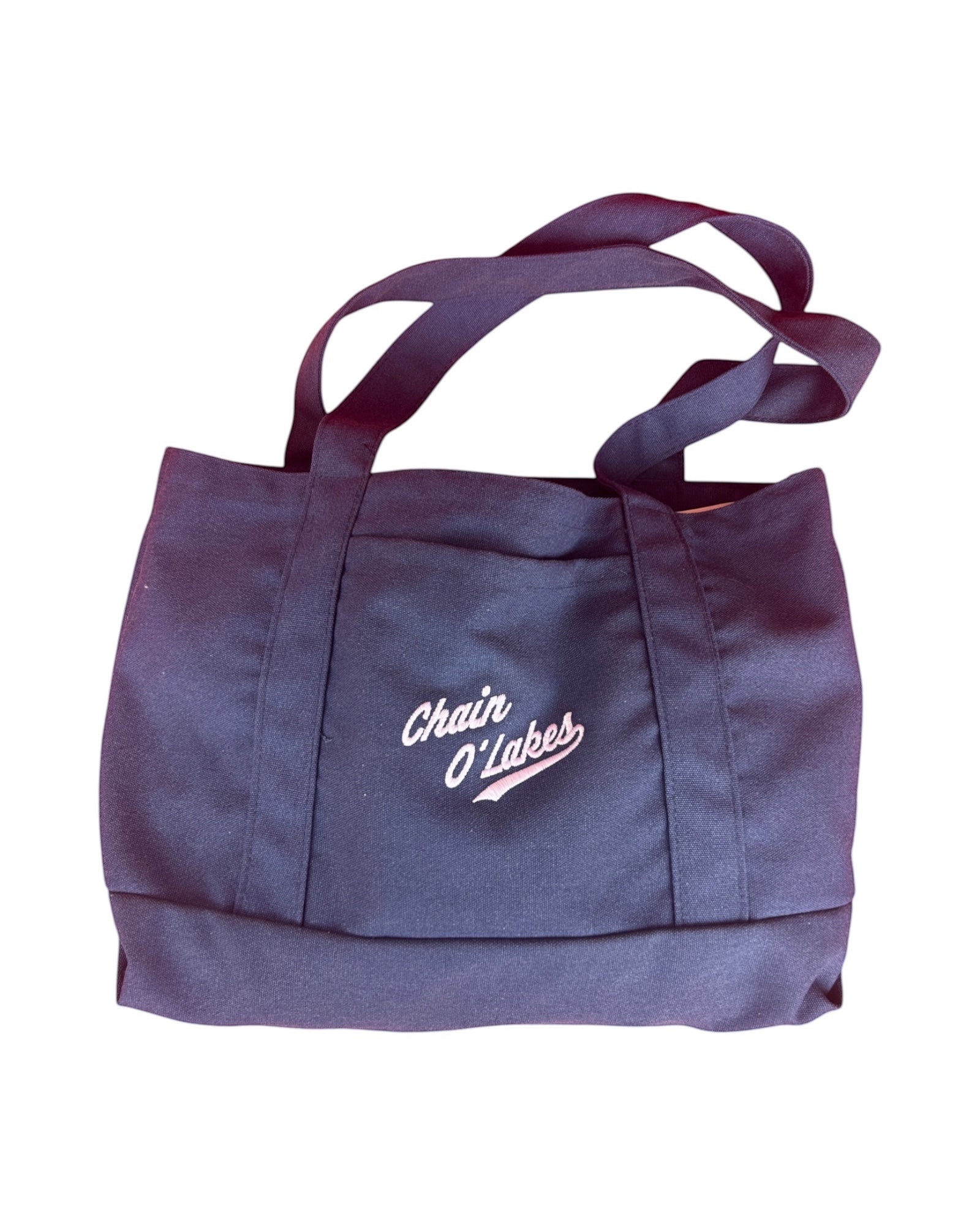 Blink Supply Co navy canvas tote bag with Chain O' Lakes embroidery, perfect for lake activities.