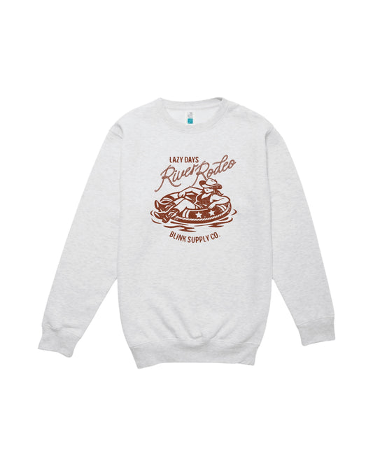 Blink Supply Co. oatmeal heather crewneck sweatshirt with a vintage-style graphic of a person in a cowboy hat tubing down a river.