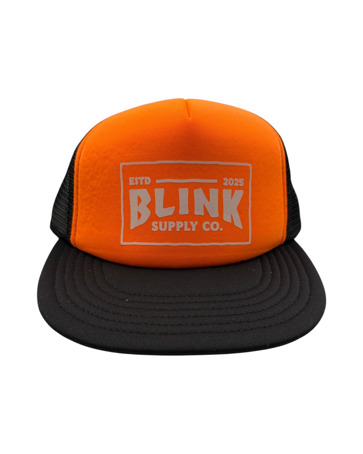 Blink Supply Co orange and black six-panel trucker hat with a white Blink Supply Co logo print and snapback closure.
