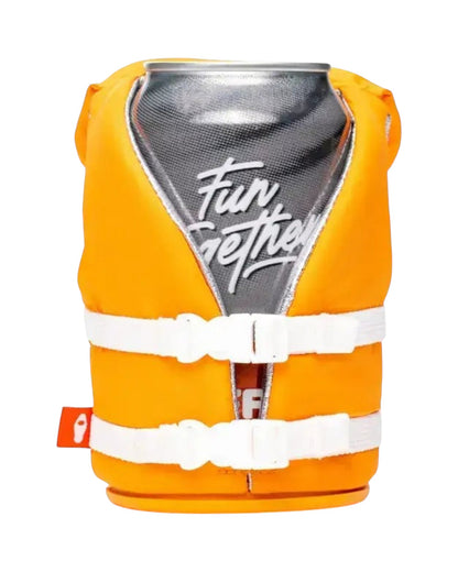 Blink Supply Co orange life jacket can cooler with white buckles and a non-slip rubber base.