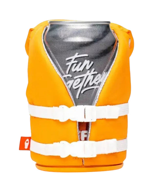 Blink Supply Co orange life jacket can cooler with white buckles and a non-slip rubber base.
