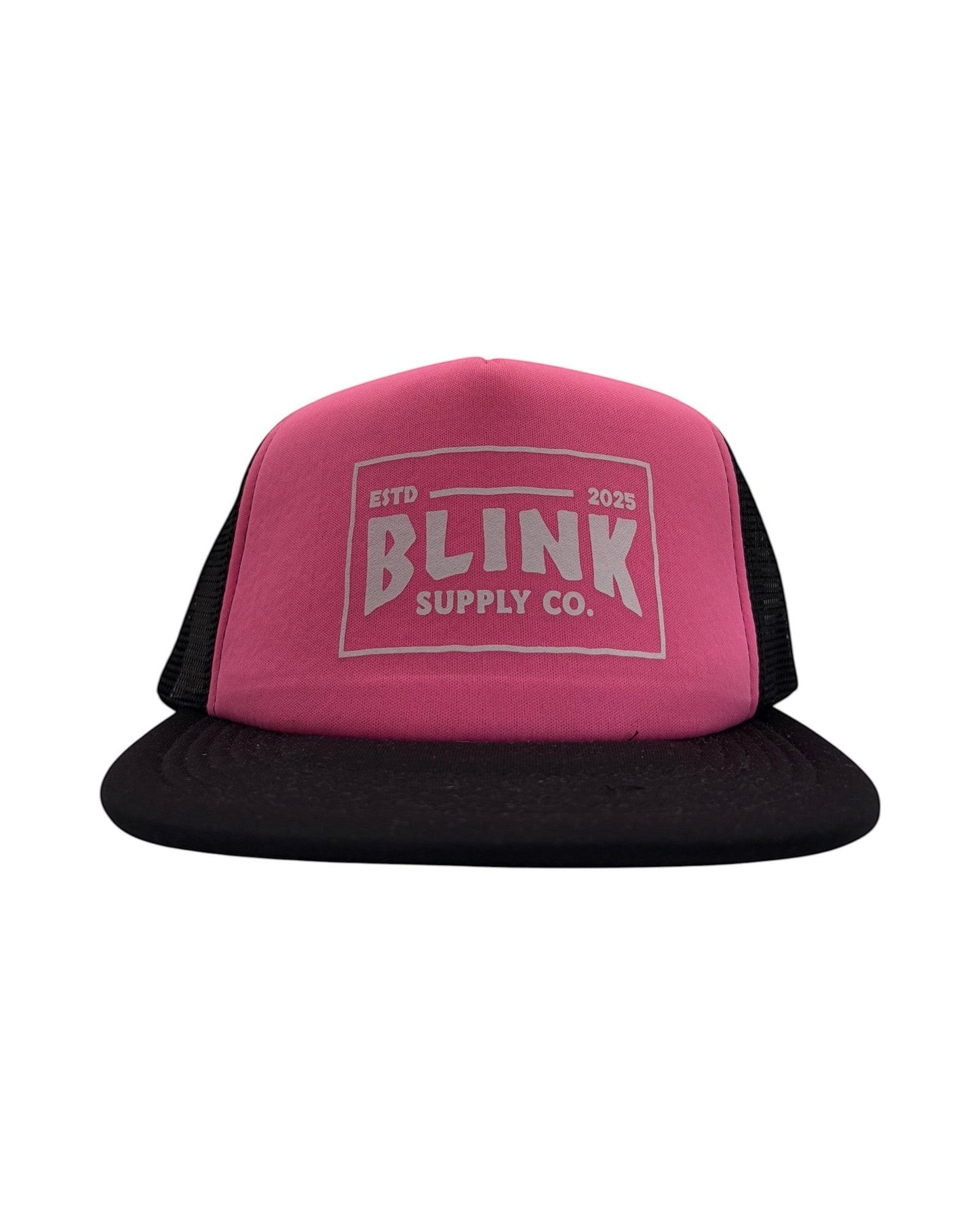 Blink Supply Co pink and black six-panel low-profile trucker hat with a snapback closure and white logo print