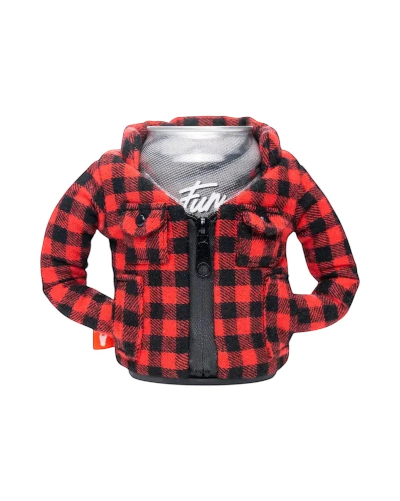 Blink Supply Co red and black plaid flannel can cooler designed like a lumberjack jacket with zipper and pockets.