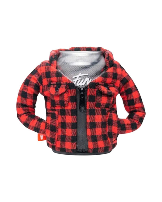 Blink Supply Co red and black plaid flannel can cooler designed like a lumberjack jacket with zipper and pockets.