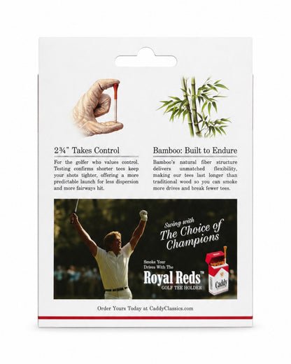 Blink Supply Co Royal Reds bamboo golf tee packaging back view featuring product benefits and vintage imagery