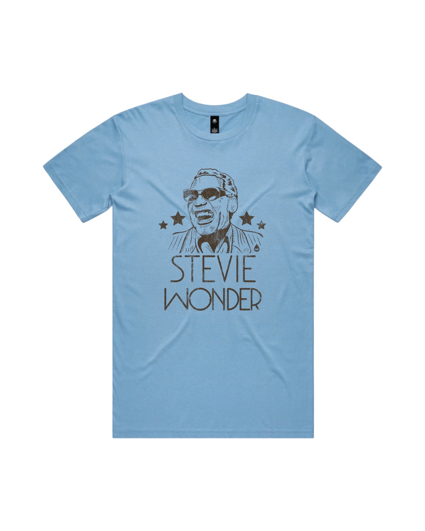 Blink Supply Co light blue cotton t-shirt with Stevie Wonder graphic and stars