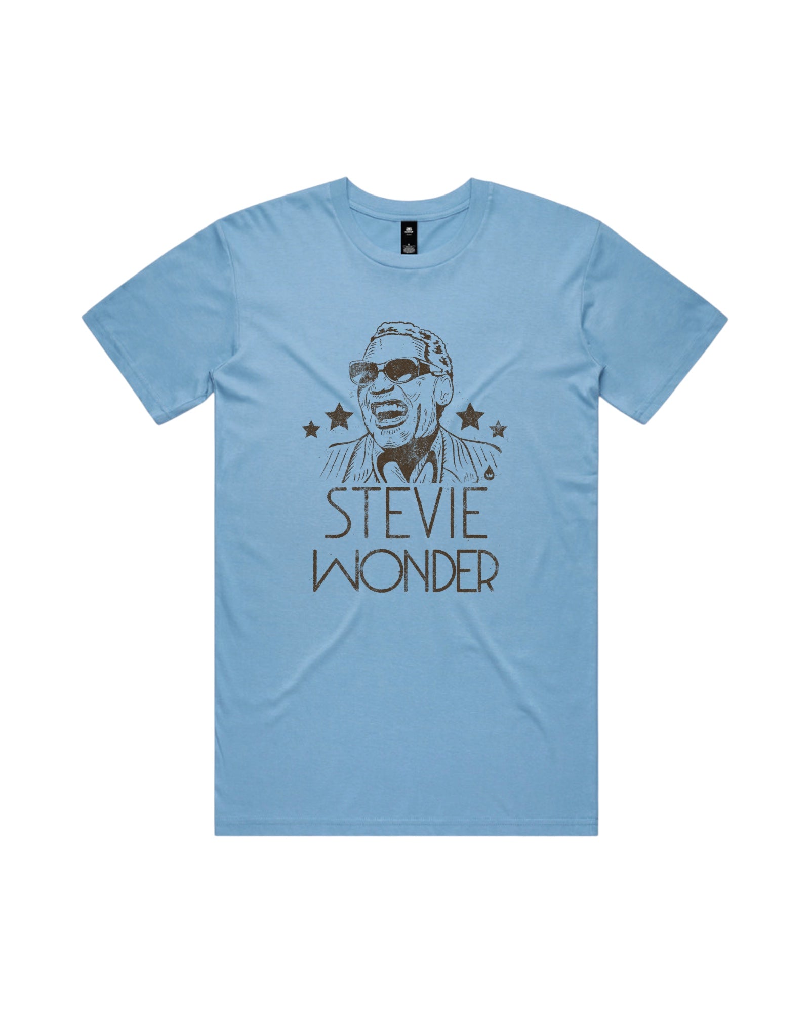 Blink Supply Co light blue cotton t-shirt with Stevie Wonder graphic and stars