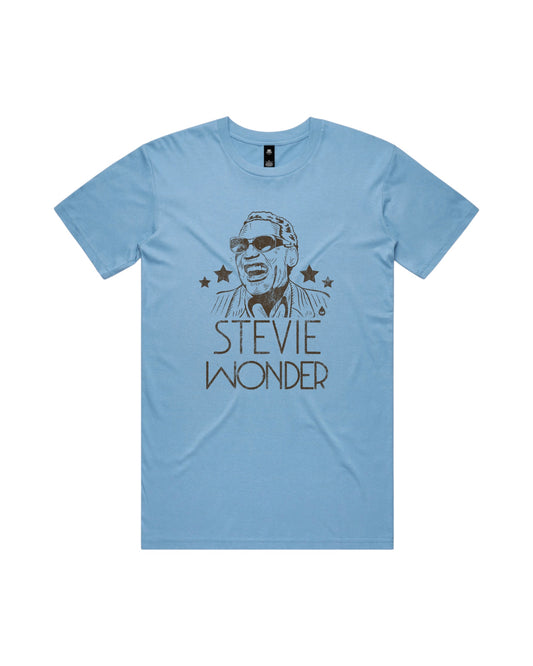 Blink Supply Co light blue cotton t-shirt with Stevie Wonder graphic and stars