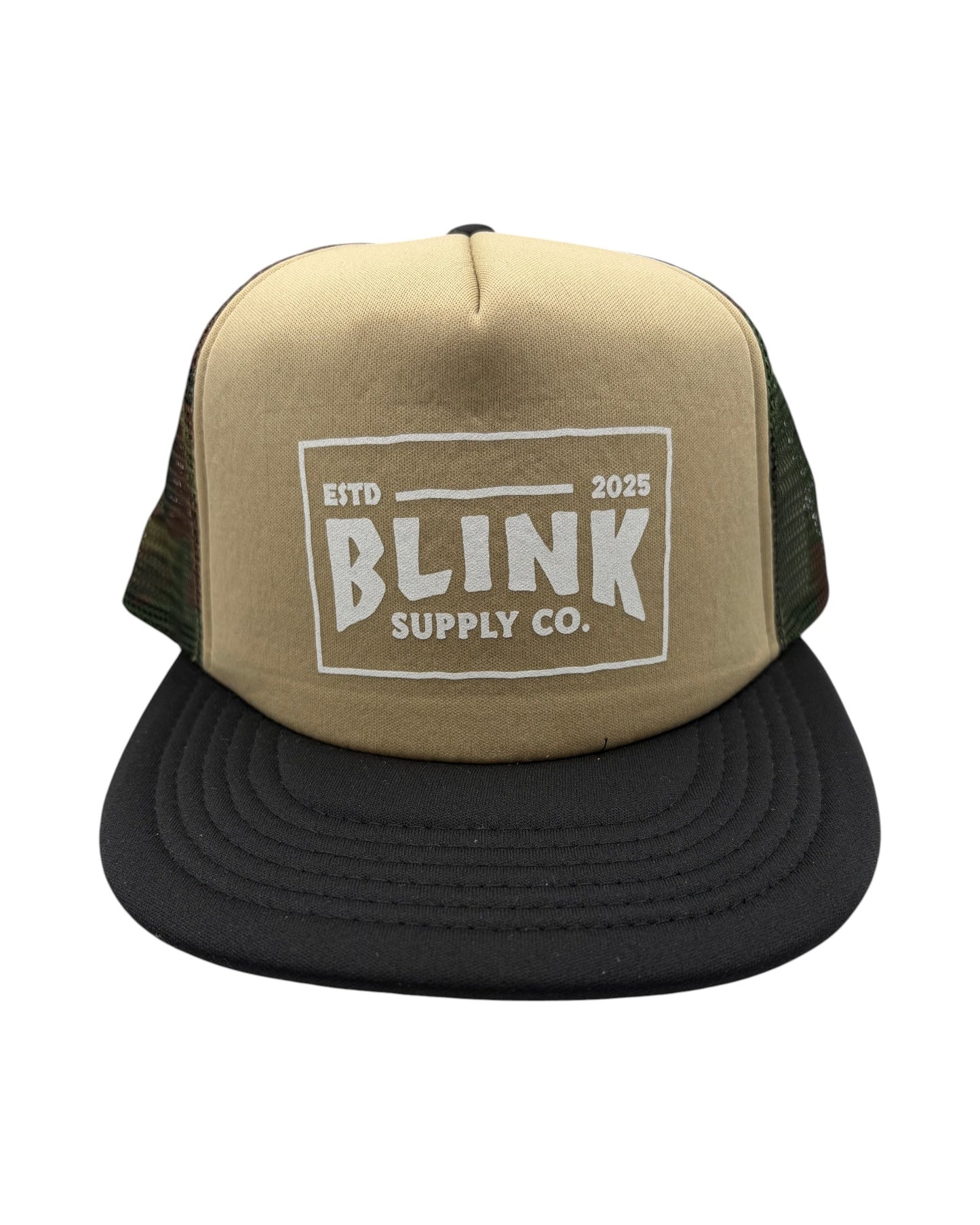 Blink Supply Co Chee-Pass trucker hat in tan and camo with a black brim and white Blink Supply Co logo print