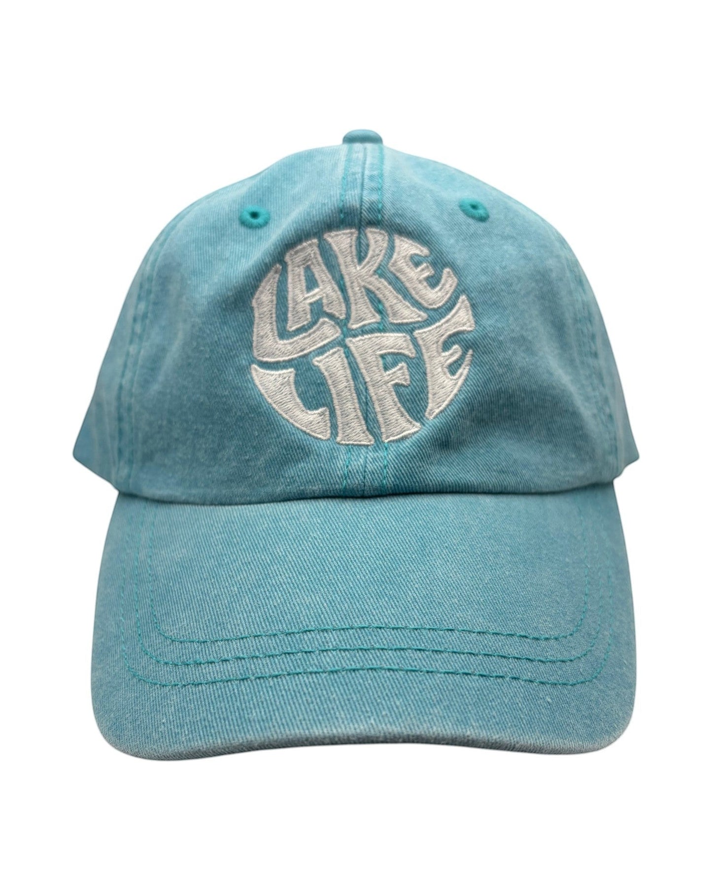 Blink Supply Co Lake Life dad hat in teal with white circular embroidered text and a curved brim