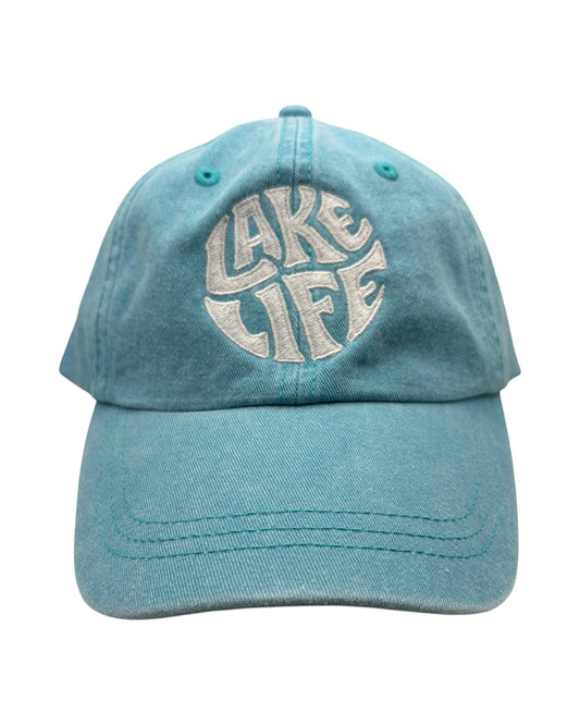 Blink Supply Co Lake Life dad hat in teal with white circular embroidered text and a curved brim