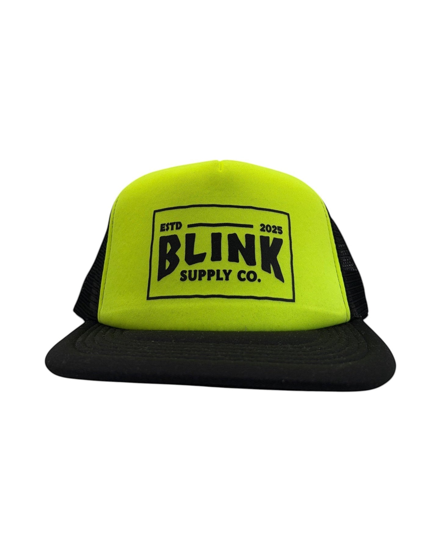 Blink Supply Co yellow and black six-panel trucker hat with a snapback closure and front logo print.
