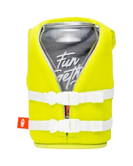 Blink Supply Co yellow life jacket can cooler with white buckles, fits 12 oz cans and floats.