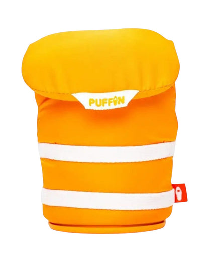 Blink Supply Co The Buoy apricot can cooler with white stripes, buckles, and a non-slip base. Floats.
