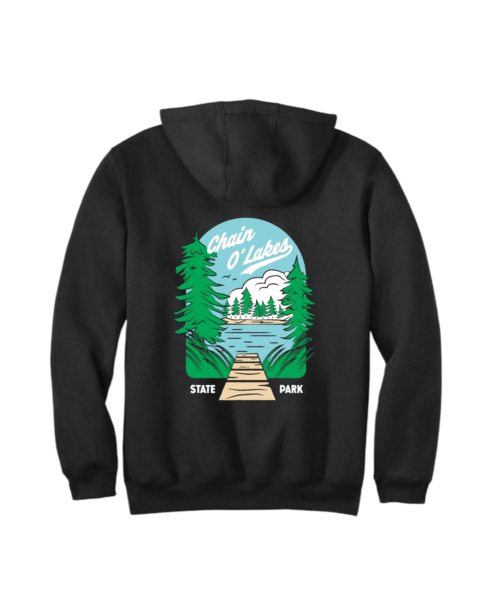 Blink Supply Co. black Carhartt hoodie with Chain O Lakes State Park graphic print on back.