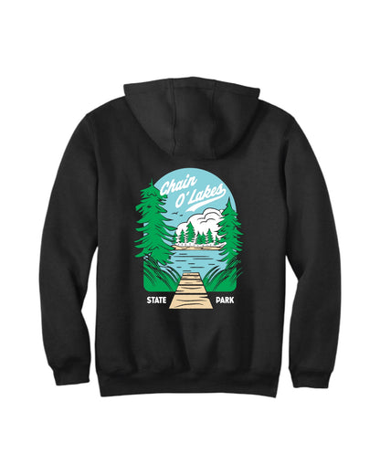 Blink Supply Co. black Carhartt hoodie with Chain O Lakes State Park graphic print on back.