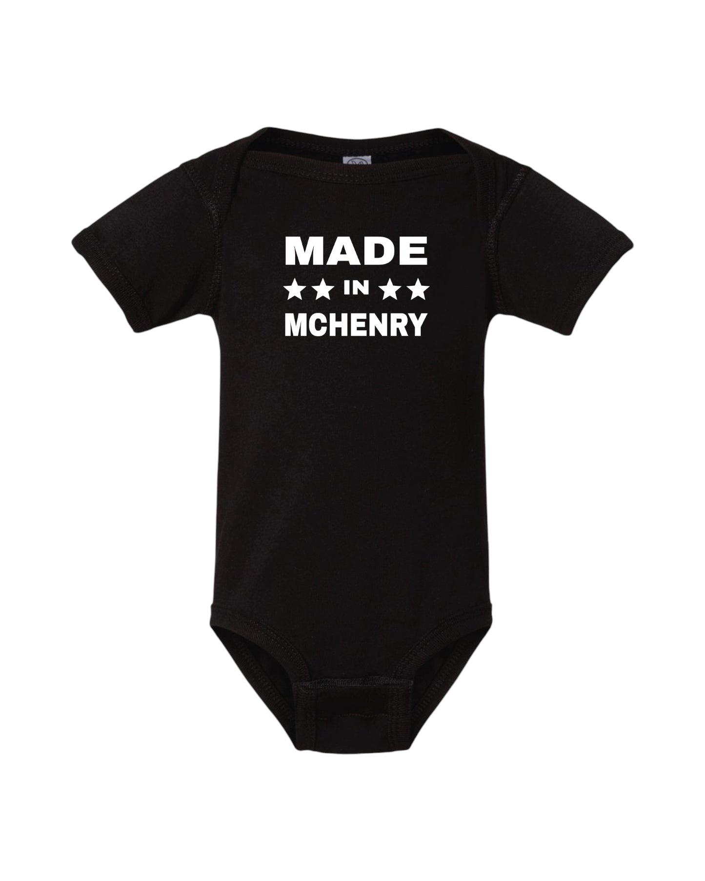 Blink Supply Co. black cotton onesie with white "MADE IN MCHENRY" text and three stars.