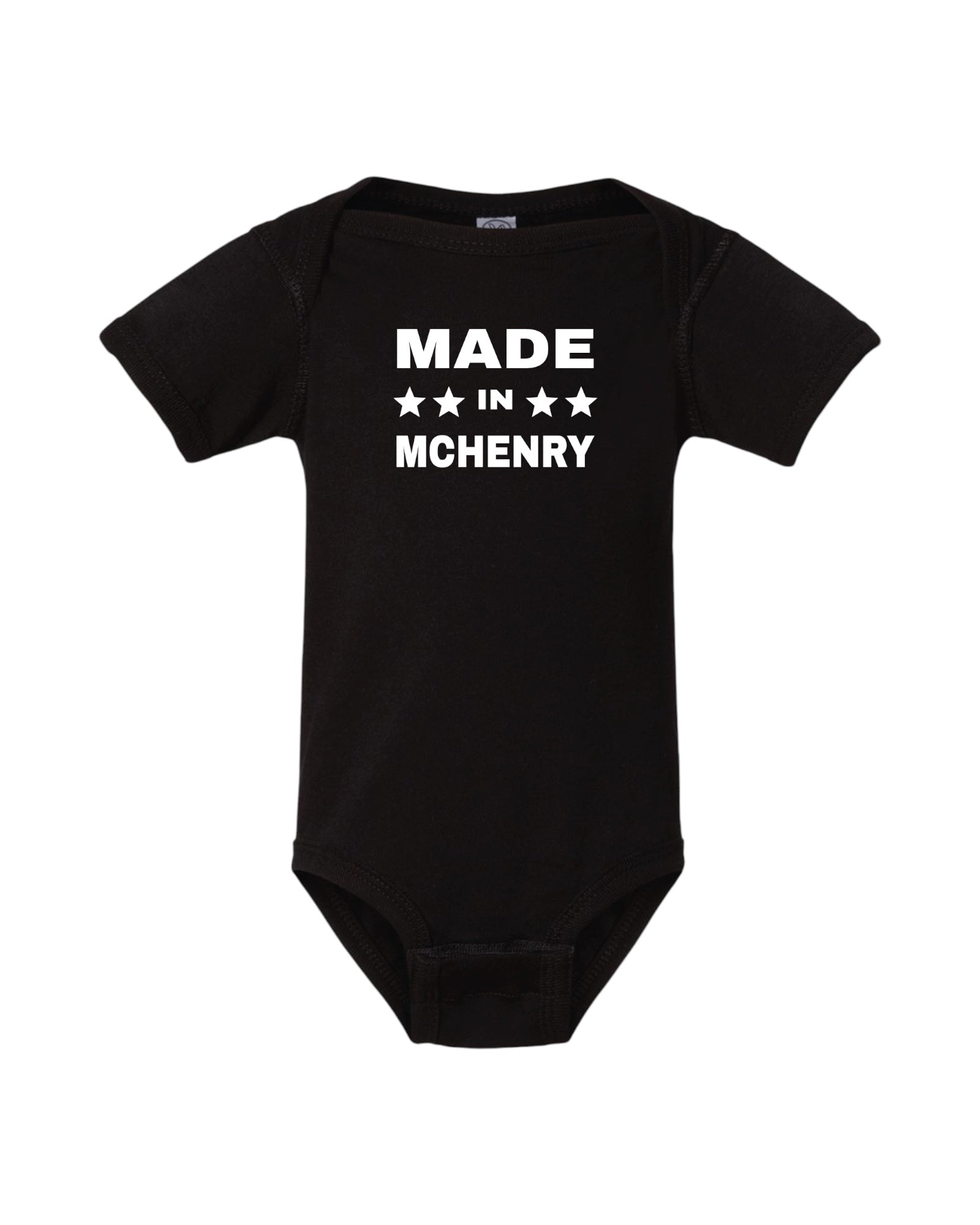 Blink Supply Co. black cotton onesie with white "MADE IN MCHENRY" text and three stars.