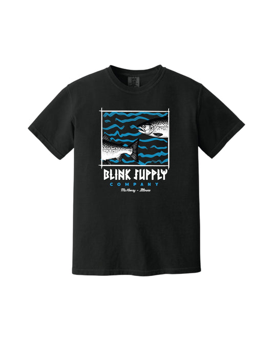Blink Supply Co. black Comfort Colors 1717 t-shirt with a graphic of two fish swimming in blue water.
