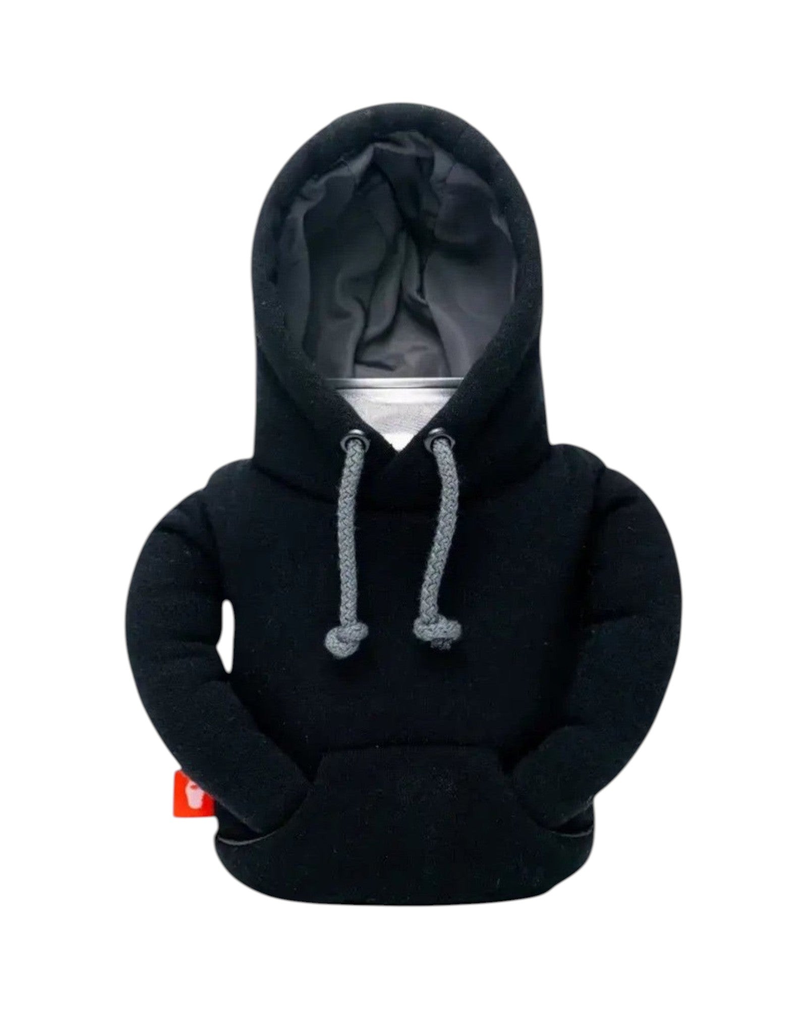 Blink Supply Co black hoodie can cooler with functional hood and drawstrings, fits 12oz and 16oz cans.