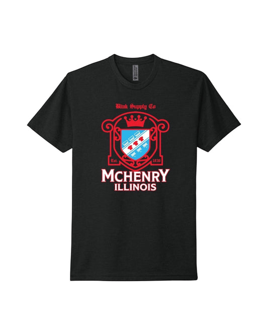 Blink Supply Co black cotton t-shirt with a red and blue McHenry Illinois crest logo. Relaxed unisex fit.