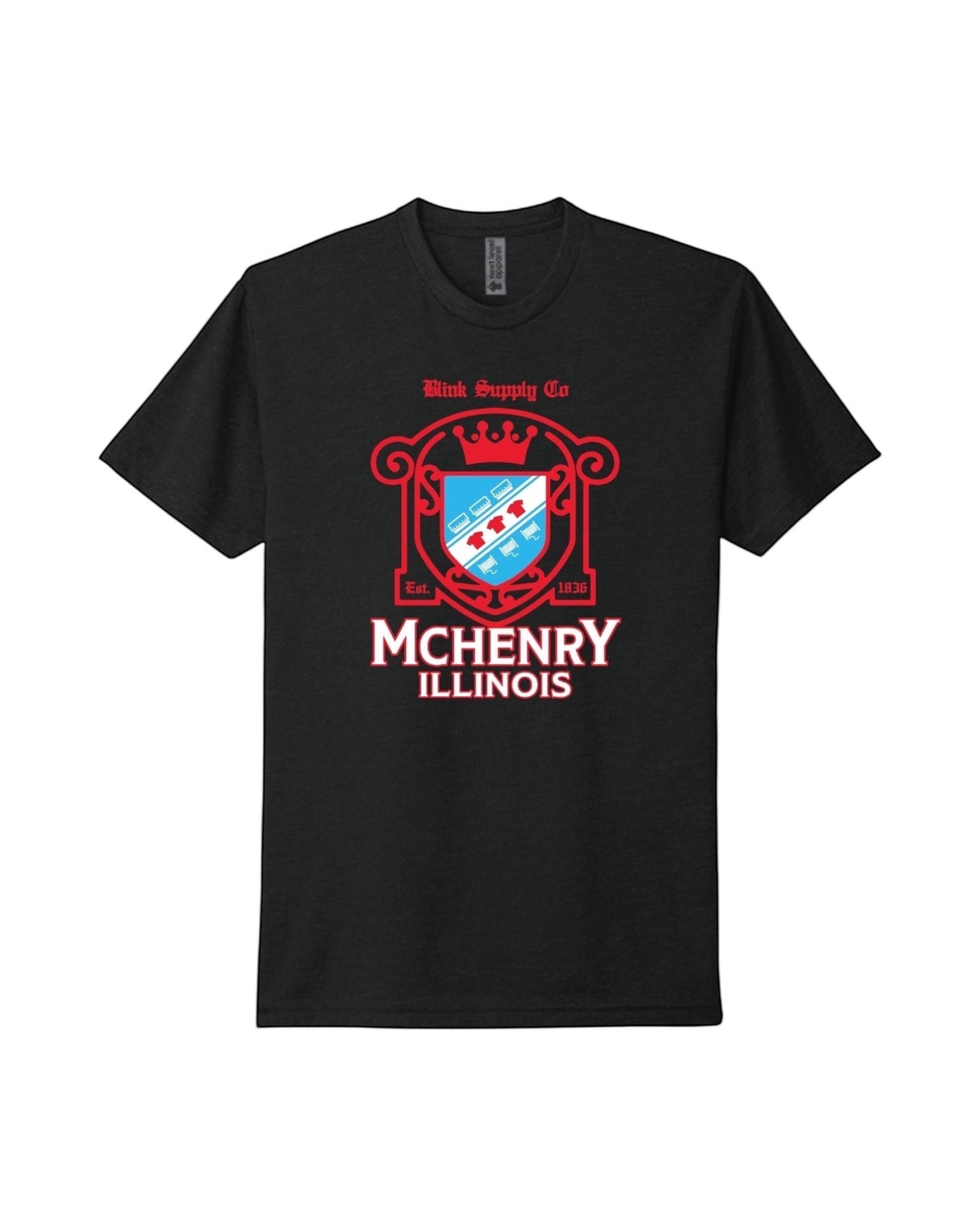 Blink Supply Co. black 100% cotton t-shirt with a red and blue McHenry Illinois crest logo. Relaxed fit, unisex.