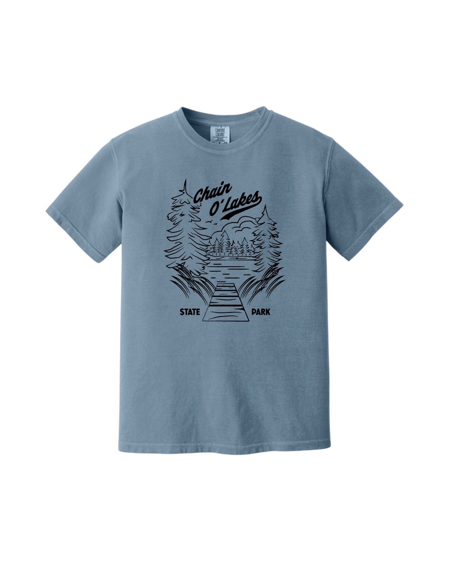 Blink Supply Co. blue Jean cotton t-shirt with Chain O Lakes State Park graphic print.
