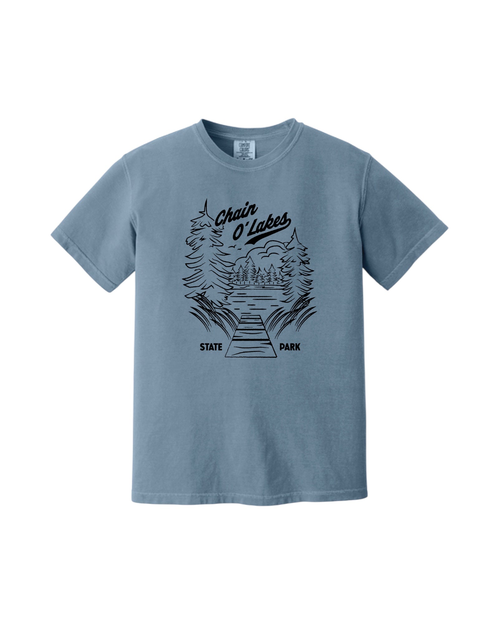 Blink Supply Co. blue Jean cotton t-shirt with Chain O Lakes State Park graphic print.
