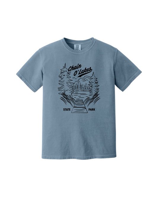 Blink Supply Co. blue Jean cotton t-shirt with Chain O Lakes State Park graphic print.