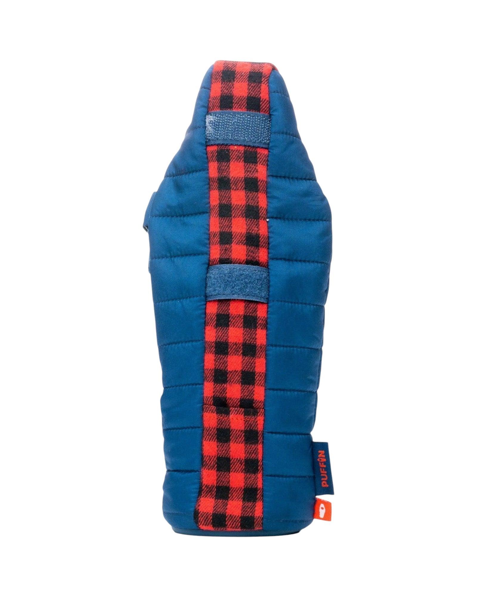 Blink Supply Co blue bottle cooler with red and black buffalo plaid accent and velcro closure.