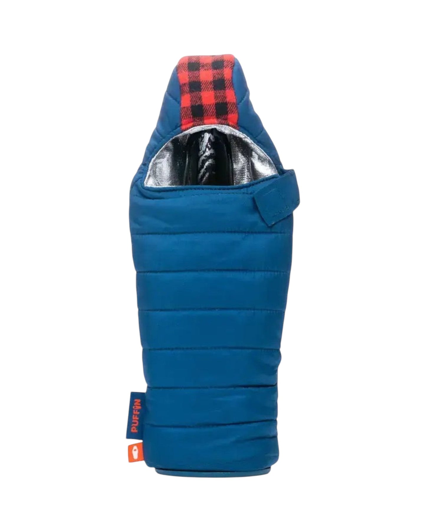 Blink Supply Co blue bottle cooler designed like a sleeping bag with red plaid accents and a silver interior.