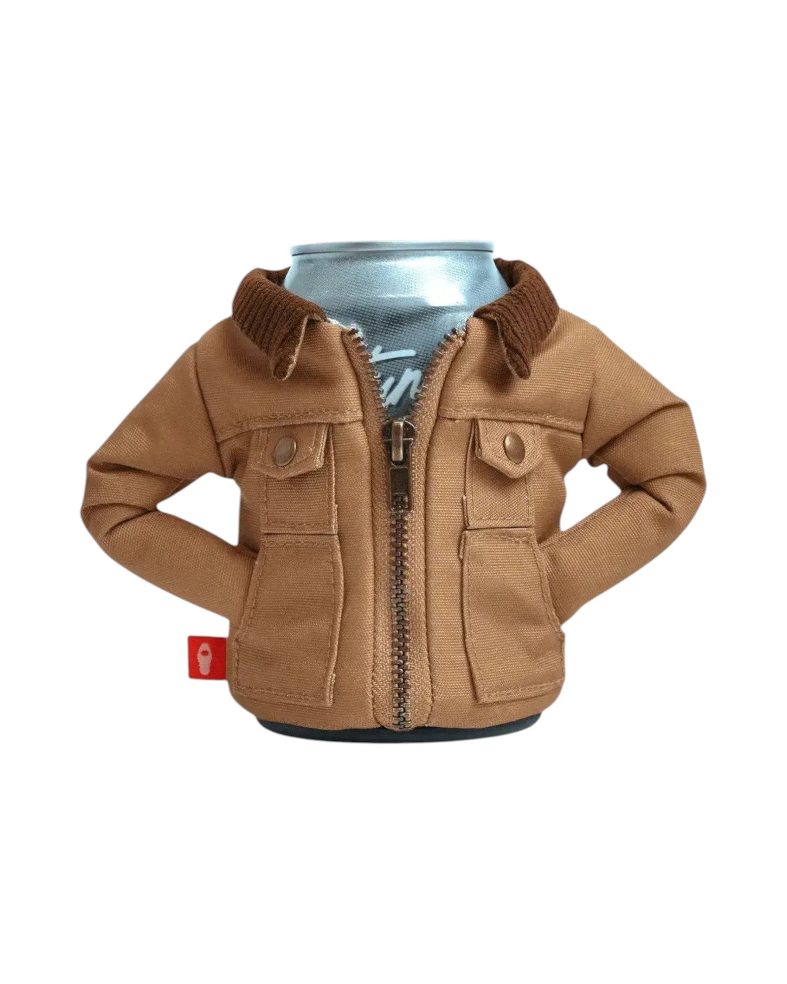 Blink Supply Co The Detroit brown cotton duck cloth 12oz can cooler with corduroy collar and zipper.