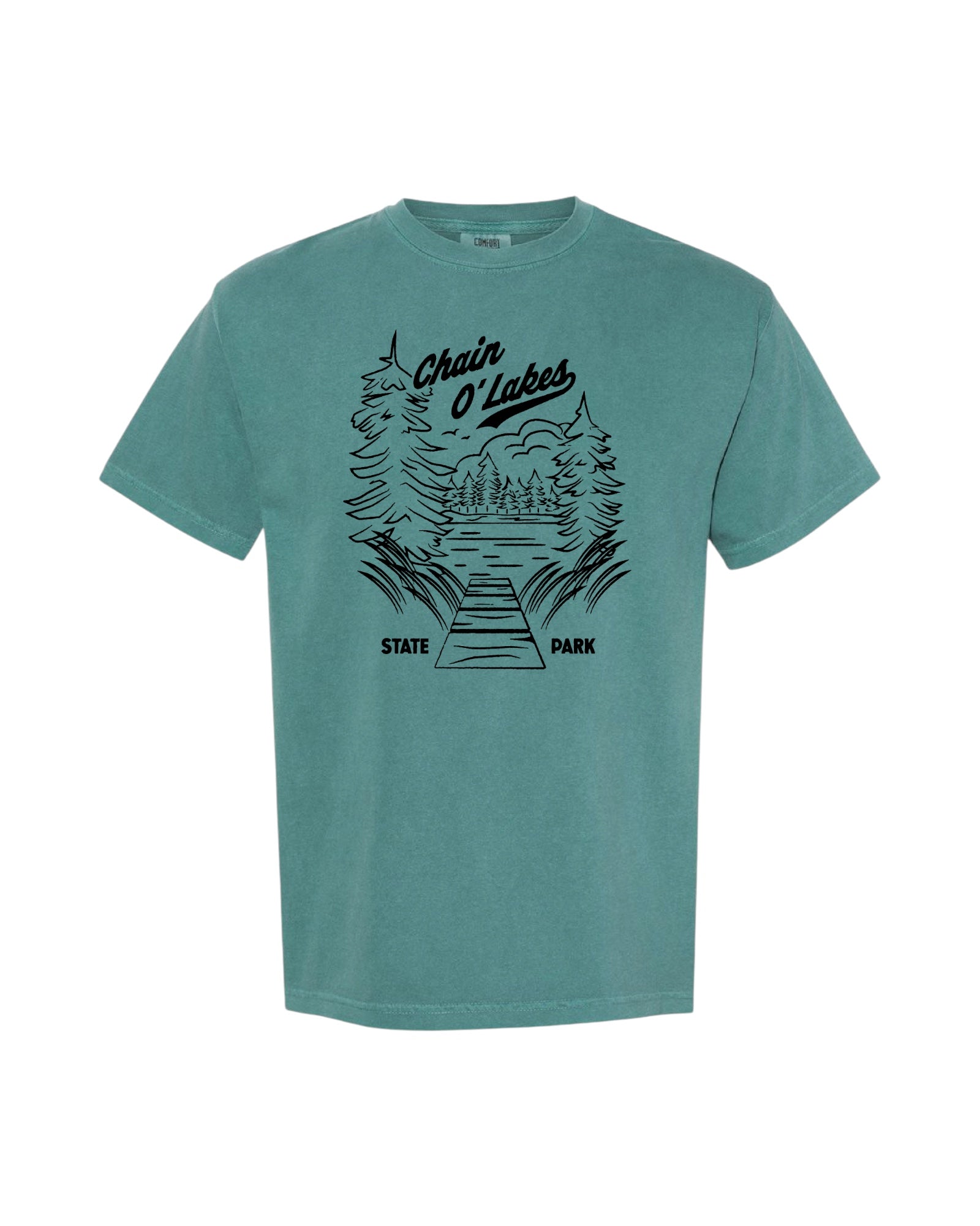 Blink Supply Co emerald green cotton t-shirt with Chain O' Lakes State Park graphic print.