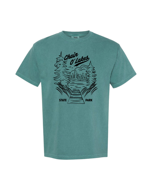 Blink Supply Co emerald green cotton t-shirt with Chain O' Lakes State Park graphic print.