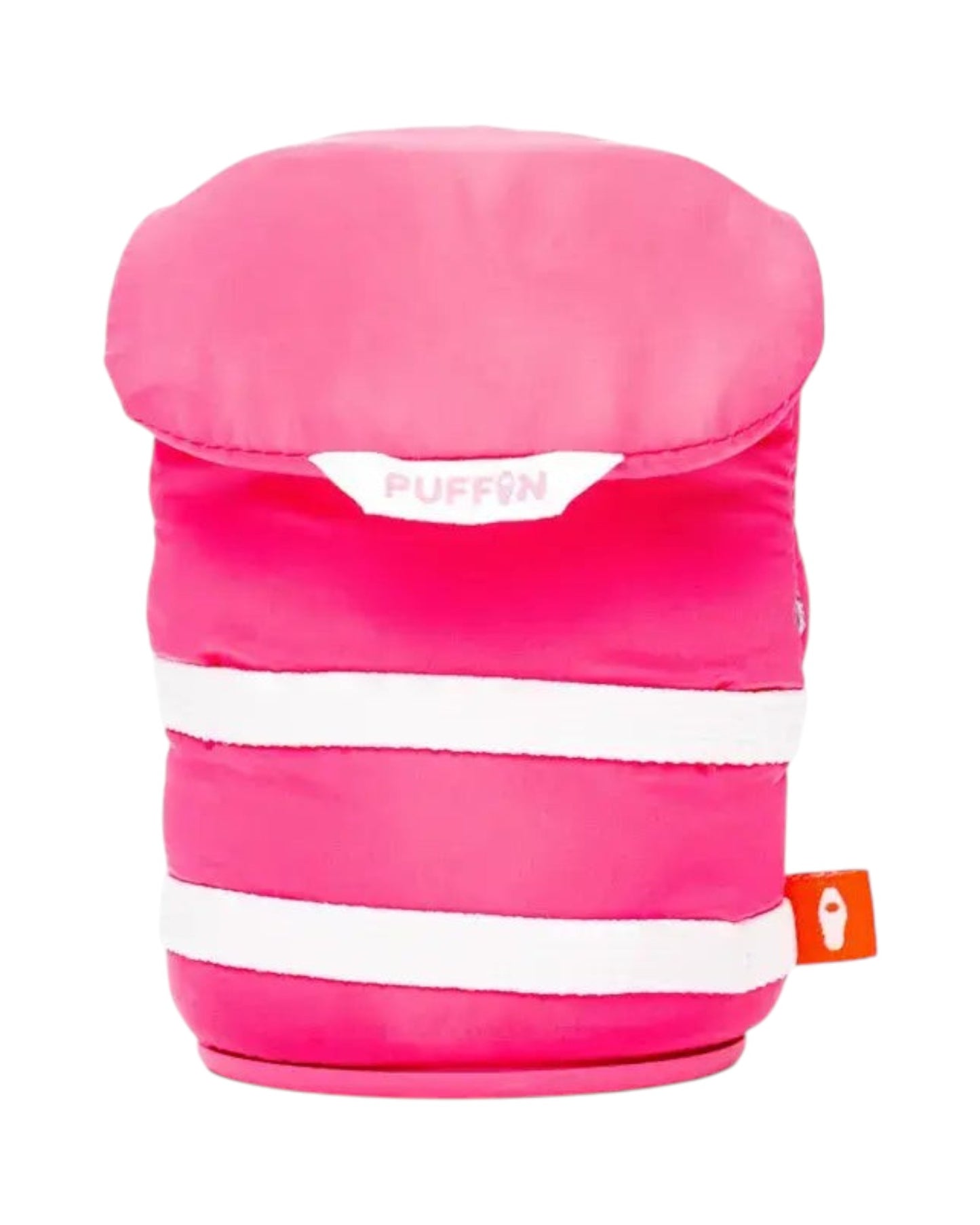 Blink Supply Co The Buoy Party Pink can cooler with white stripes, buckles, and non-slip base.