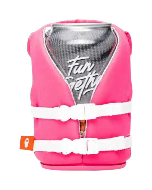 Blink Supply Co Party Pink life jacket can cooler with white buckles and a non-slip base.