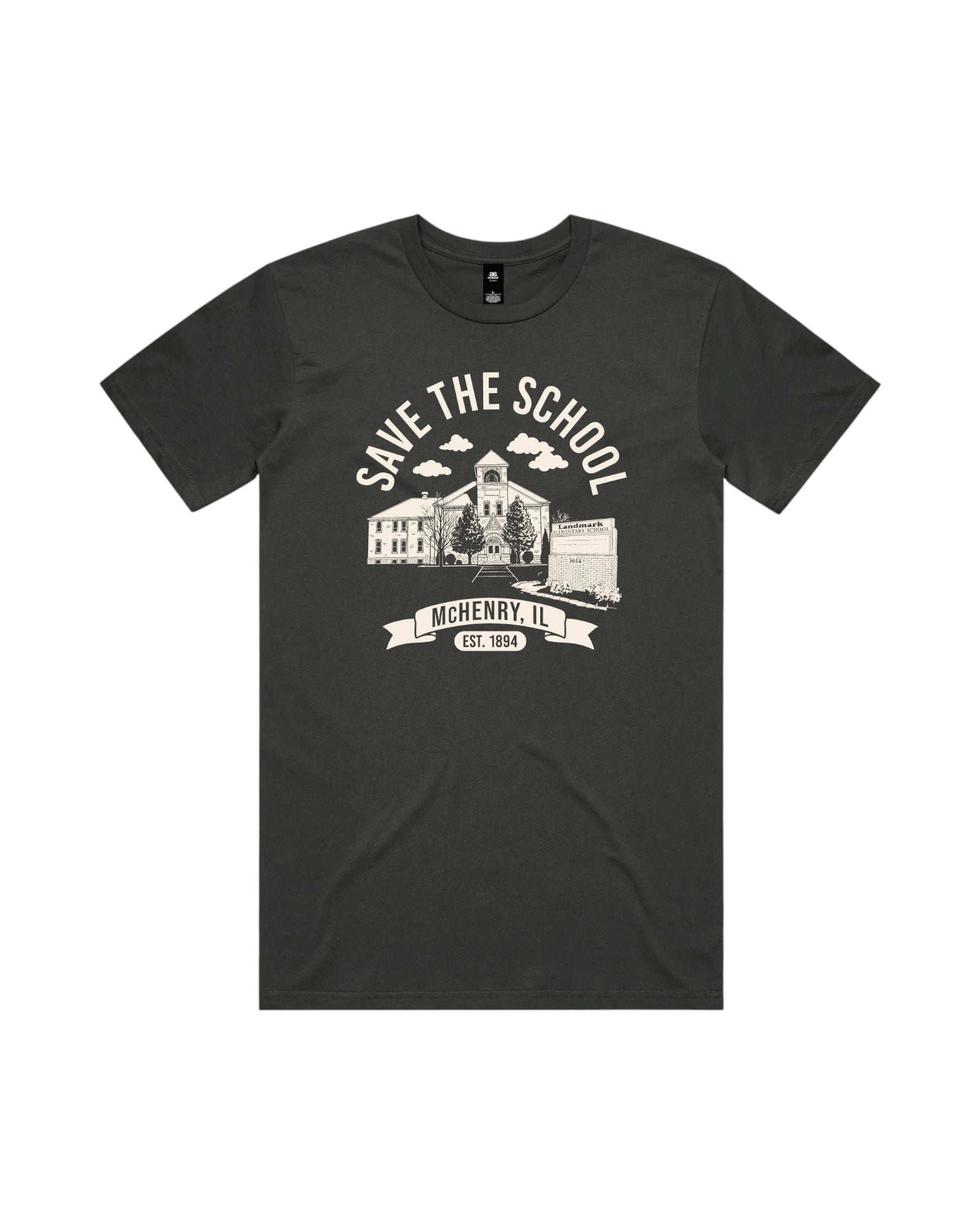 Blink Supply Co. charcoal grey cotton t-shirt with "Save the School" graphic and "McHenry, IL Est. 1894" text.